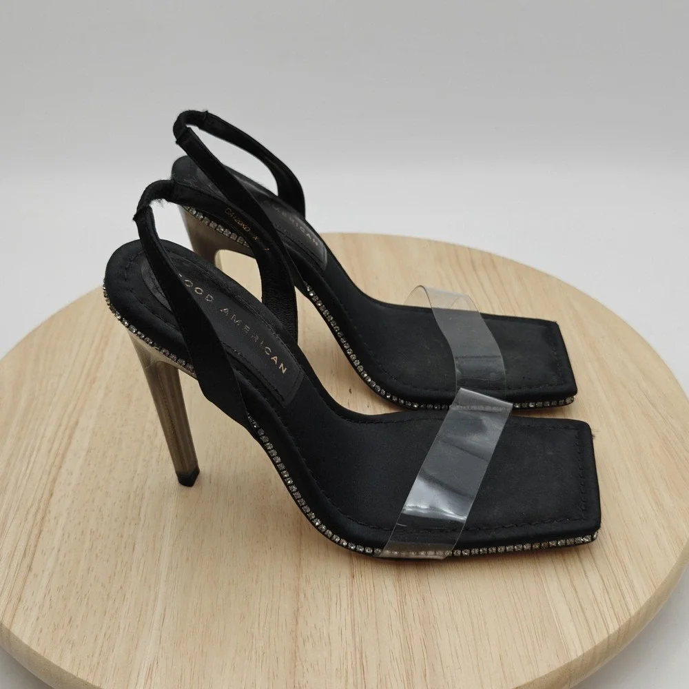 Good American Shoes Womens Size 7 Black Rhinestone Slingback Heels‎ Clear Strap